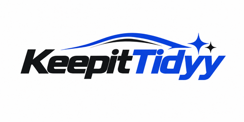 The logo for 'Keepit Tidyy' is displayed on a solid white background. The logo features the brand name in bold black and blue lettering, with a blue car silhouette and blue star accents above the text.